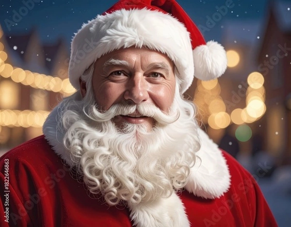 Fototapeta Close-up portrait of Santa Claus smiling warmly in a festive winter setting.