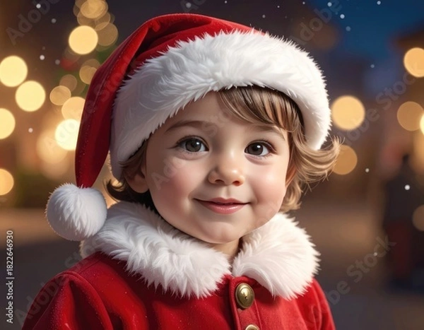 Fototapeta A young child wearing a Santa hat and outfit smiles at the camera, with a bokeh background of Christmas lights.