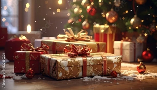 Fototapeta Festive Christmas presents are artfully arranged beneath a sparkling, illuminated tree, evoking a sense of holiday cheer and anticipation.
