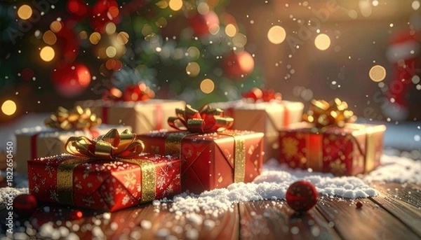 Fototapeta Festive Christmas gifts are artfully arranged with soft lighting and falling snow.