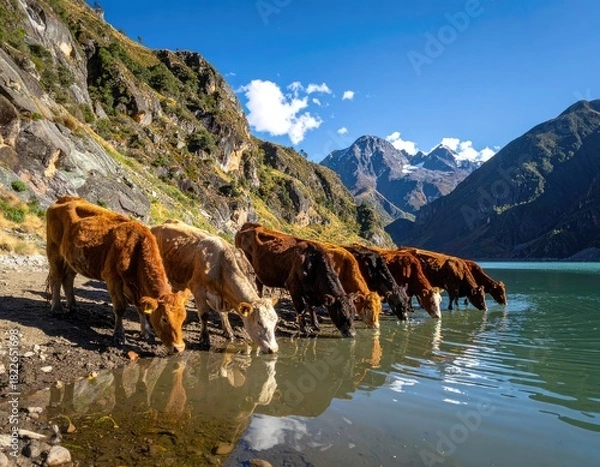 Fototapeta Cows drinking water from a serene mountain lake with majestic peaks in the background.