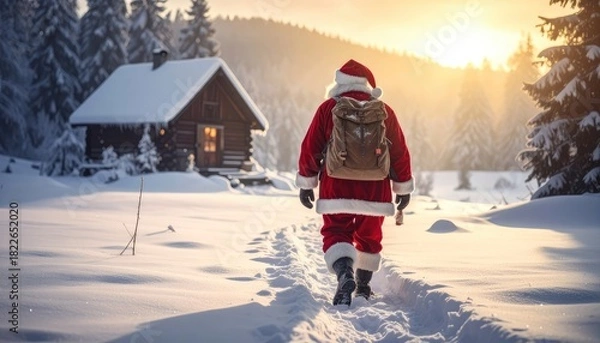 Fototapeta Santa Claus walks through a snowy forest towards a cozy cabin.