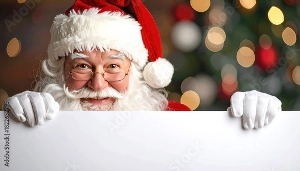 Fototapeta Santa Claus smiles and peeks over a white sign with a bokeh background.