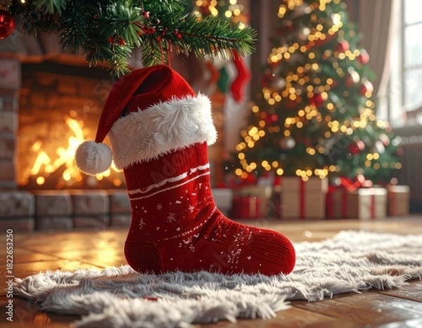 Fototapeta A festive Christmas stocking hangs by a cozy fireplace, with a decorated tree in the background.