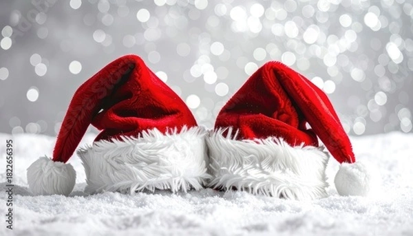 Fototapeta Two Santa Claus hats resting on a bed of snow with bokeh lights in the background.