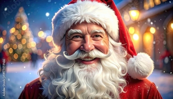 Fototapeta A jolly Santa Claus smiles warmly in a snowy, festive scene.