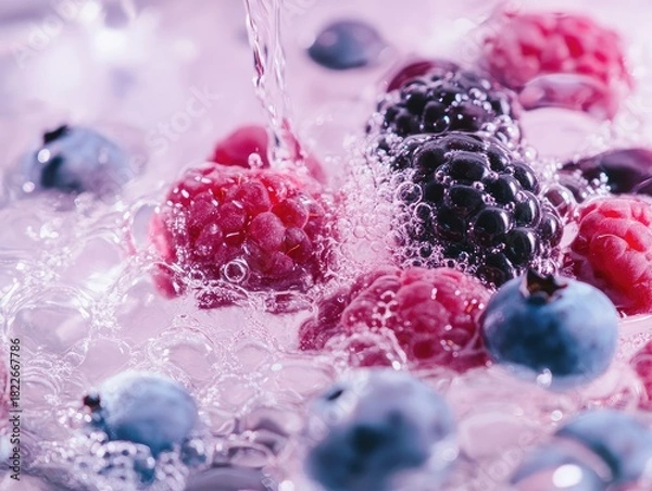 Fototapeta Luscious mixed berries cascading with fresh, clear water create a vibrant scene