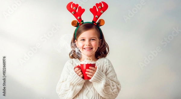 Obraz A happy child with reindeer antlers holding a cup of hot chocolate
