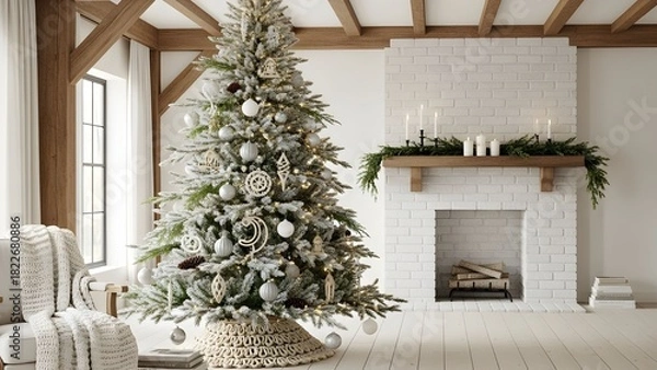 Obraz Rustic farmhouse Christmas tree, wood textures, modern country aesthetic, editorial-friendly, clean styling