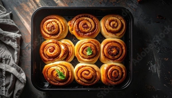 Obraz Delicious Cinnamon Rolls in Baking Pan - Freshly Baked Swirls with Glaze, Overhead View, Dark Moody Food Photography