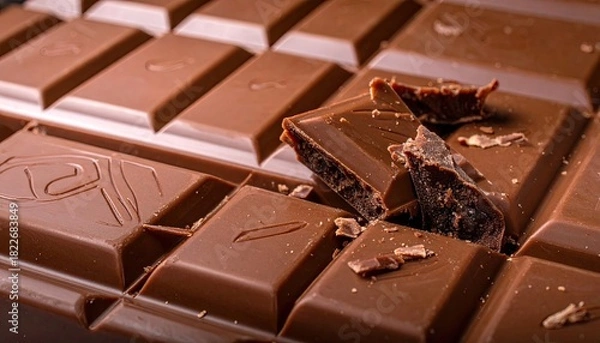 Obraz Delicious Dark Chocolate Squares: A Close-Up of Rich, Decadent Chocolate with Broken Piece, Perfect for Food Blogs & Marketing
