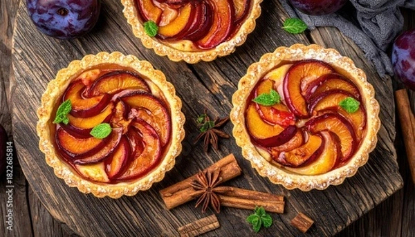 Obraz Delicious Plum Tarts: Rustic Autumn Dessert with Fresh Fruit & Spices - Overhead View on Wooden Board