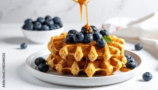 Obraz Delicious Stack of Golden Waffles Topped with Fresh Blueberries and Drizzled Maple Syrup - Breakfast Food Photography