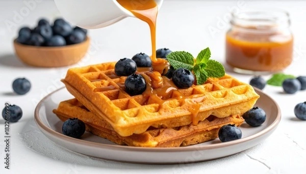 Obraz Delicious Stack of Golden Waffles with Fresh Blueberries and Caramel Sauce - Breakfast Food Photography