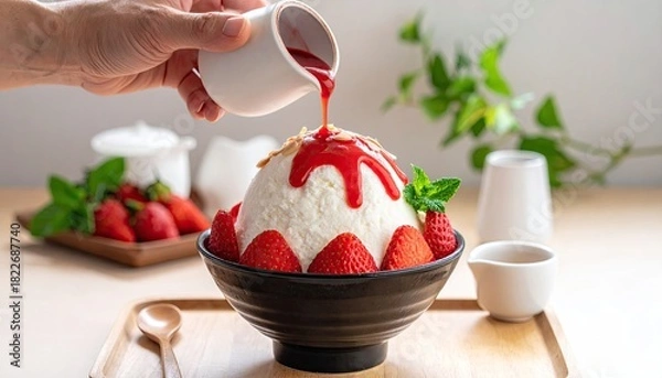 Obraz Delicious Strawberry Shaved Ice Dessert: A Refreshing Summer Treat with Fresh Strawberries and Red Syrup Pouring Over
