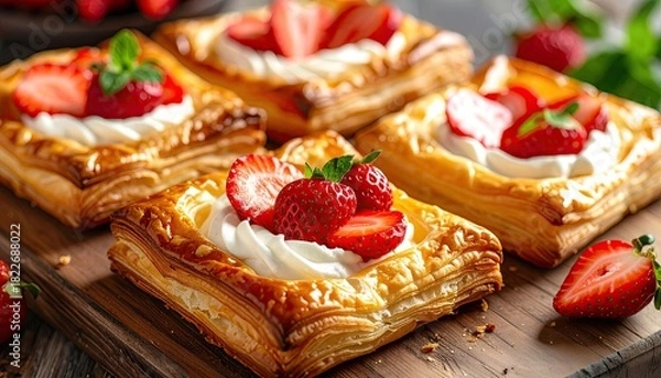 Obraz Delicious Strawberry Tartlets: Flaky Pastry with Fresh Strawberries and Cream - Perfect Dessert for Summer!