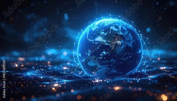 Obraz Digital Earth: Global Network Connection Concept - Futuristic Blue Planet Surrounded by Data Streams and Technology