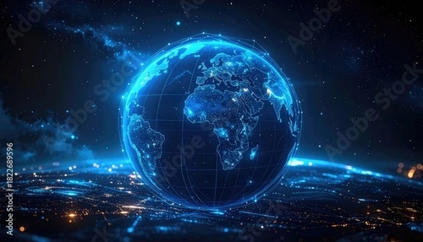 Obraz Digital Earth: Glowing Globe Network with City Lights - Futuristic Technology & Global Connectivity Concept