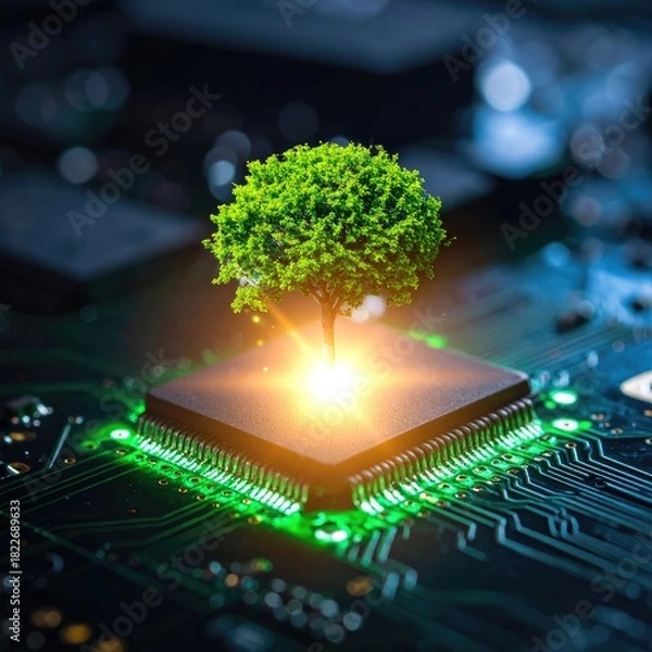 Obraz Digital Growth: Tree Sprouting from Microchip - Symbolizing Sustainable Technology & Innovation for a Greener Future