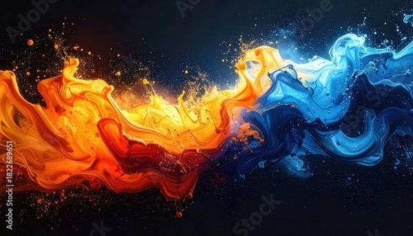 Obraz Dynamic Fire and Water Abstract Art: Vibrant Orange Flames Meet Cool Blue Waves - A Stunning Visual Contrast and Energy