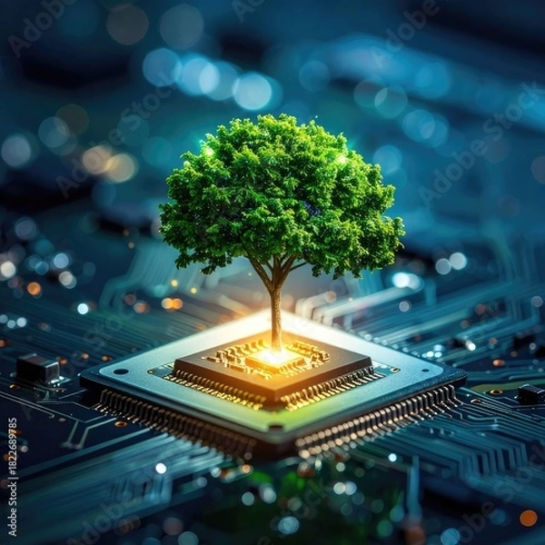 Obraz Digital Nature: Lush Tree Growing on a Computer Chip - Symbolizing Green Tech, Sustainable Innovation, and the Future of Technology