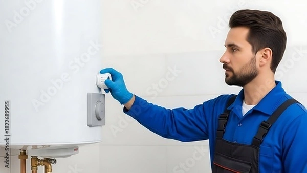 Fototapeta Worker Adjusting Thermostat on New Water Heater