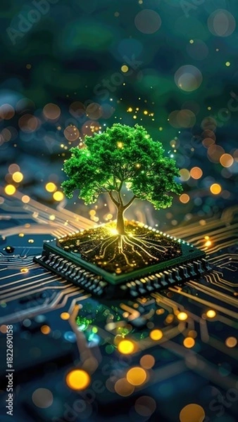 Obraz Digital Tree of Life: Green Growth on a Microchip - Symbolizing Sustainable Technology & Innovation