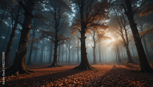 Fototapeta Mystical sunrise in autumn forest nature landscape photography tranquil environment serene viewpoint