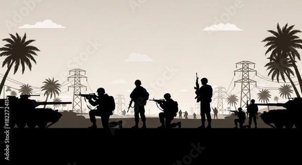 Obraz Silhouetted soldiers and tanks in a desert landscape with palm trees and power lines, illustrating a military scene