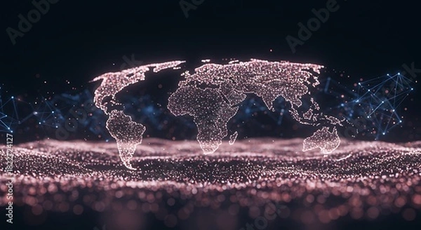 Fototapeta Glowing digital world map with connected dots, representing global networking