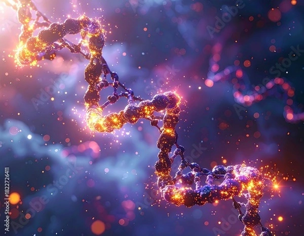Fototapeta Glowing DNA helix with ethereal background, showcasing genetics and scientific research
