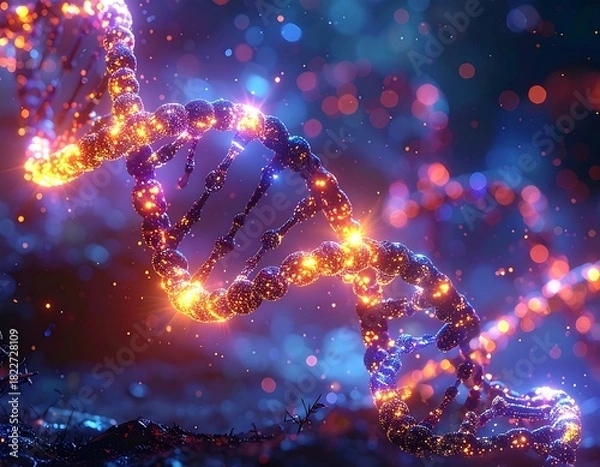 Fototapeta Glowing DNA strand in a vibrant, artistic representation of life's fundamental building blocks