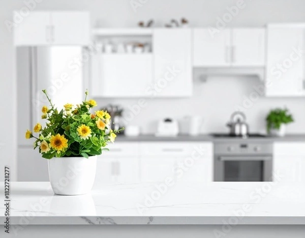 Obraz Elegant White Focus, Blurred Kitchen Backdrop.