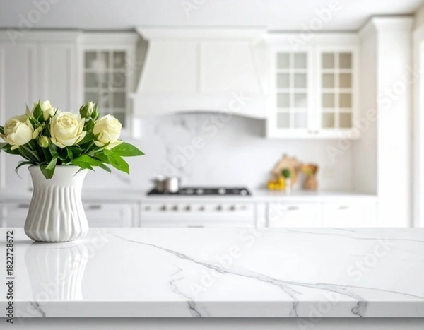 Fototapeta Elevated White Surface, Blurred Kitchen Scene.