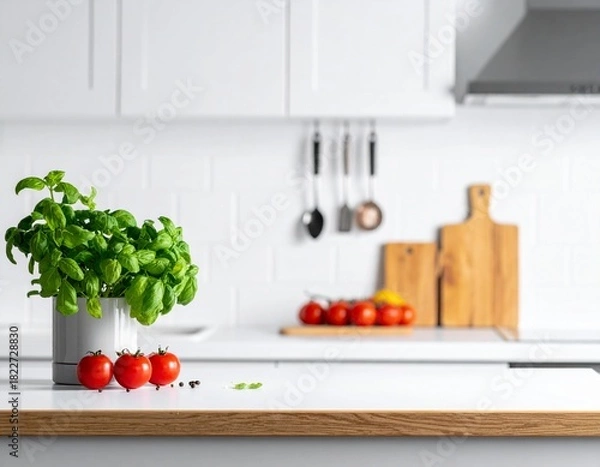 Obraz White Counter, Blurred Kitchen A Study in Focus.