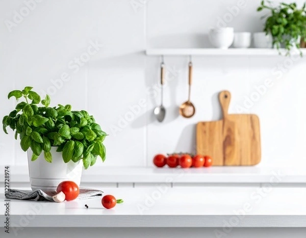 Fototapeta Blurred Kitchen Setting, Maximum White Focus.