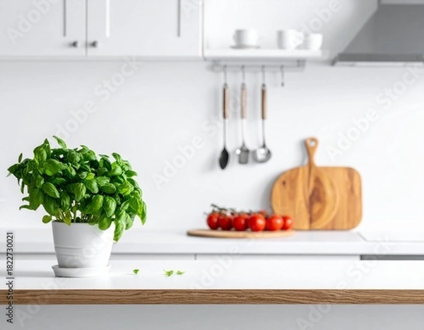 Obraz Clean Look White Counter, Blurred Kitchen.