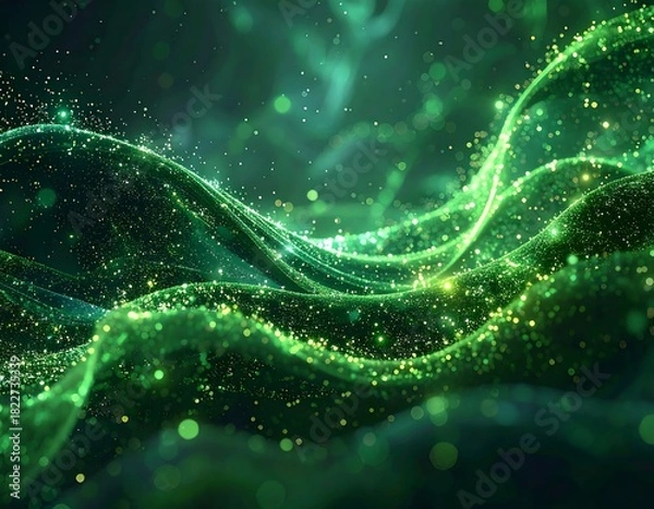 Fototapeta Glowing ethereal green waves with glitter and bokeh, a dreamy, abstract, digital artwork