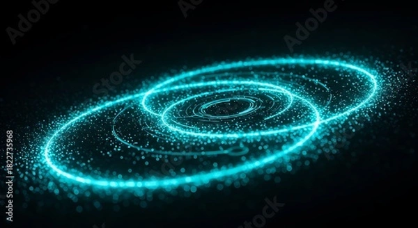 Fototapeta Glowing ethereal rings of turquoise light spiral against a deep black background, creating an abstract design