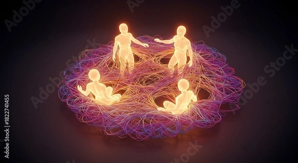 Fototapeta Glowing figures connected by intricate, colorful threads, suggesting teamwork and interconnectedness