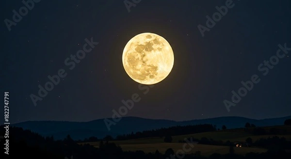 Fototapeta Glowing full moon illuminates a dark night sky, with silhouettes of hills and fields below