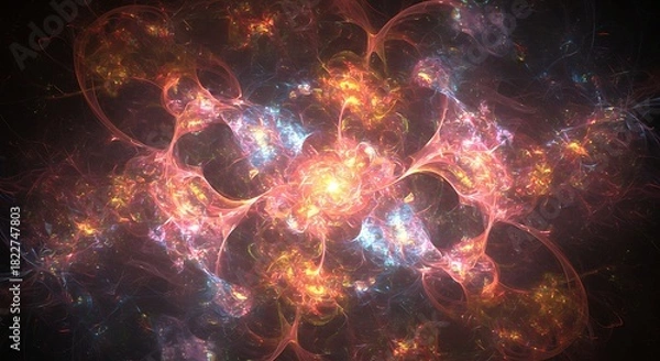 Fototapeta Glowing, fractal art composition featuring abstract shapes with vibrant colors against a dark background