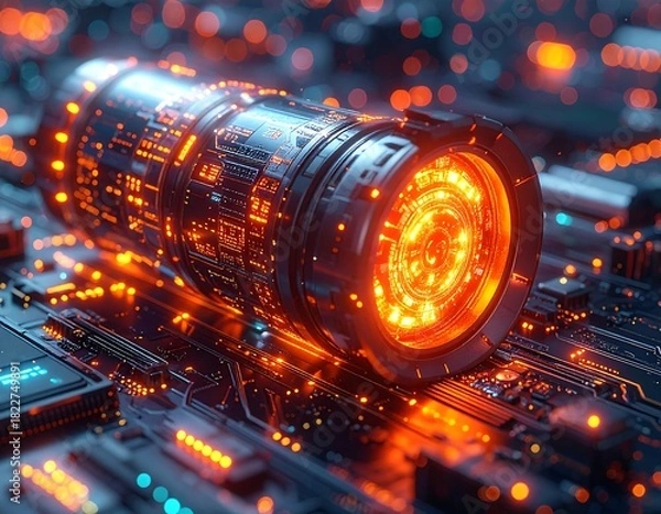 Fototapeta Glowing futuristic device, integrated into a motherboard, vibrant lights and detailed circuitry
