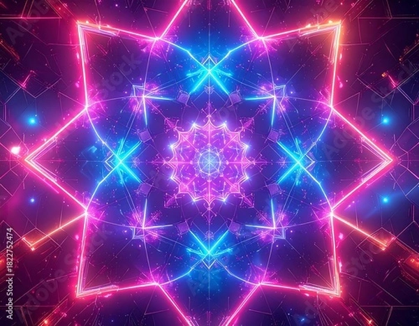 Fototapeta Glowing geometric kaleidoscope with pink and blue neon lights on a dark background