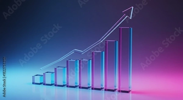 Fototapeta Glowing glass bar graph with ascending line, illuminated by pink and blue neon lights