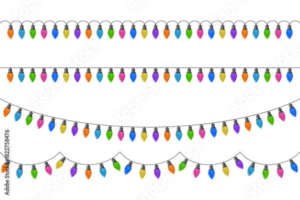 Fototapeta Set of bulbs on a string. Hanging light bulbs. Colorful light bulbs for decoration. Lights garland. Lights string decoration. Vector illustration