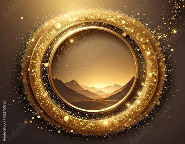 Fototapeta Glowing gold frame surrounds a mountain scene with light and sparkles