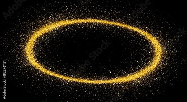 Fototapeta Glowing gold oval shape, speckled with tiny light particles, against a stark, black background
