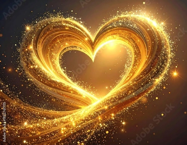 Fototapeta Glowing gold heart shape formed with sparkling particles. Beautifully illuminated and radiant