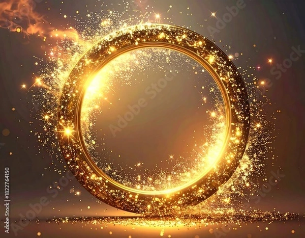 Fototapeta Glowing gold ring with shimmering particles and light effects against a dark background